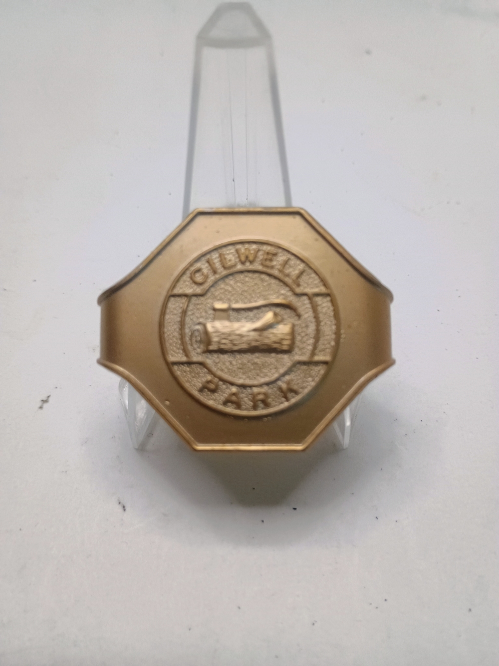 Gilwell Park Neck Slide Woggle Scout Badge Axe Log Octagonal Aluminum Vintage